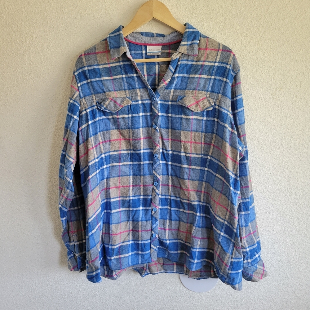 Columbia Womens Flannel Shirt Plus Size Blue Plaid Long Sleeve 100% Cotton 1X